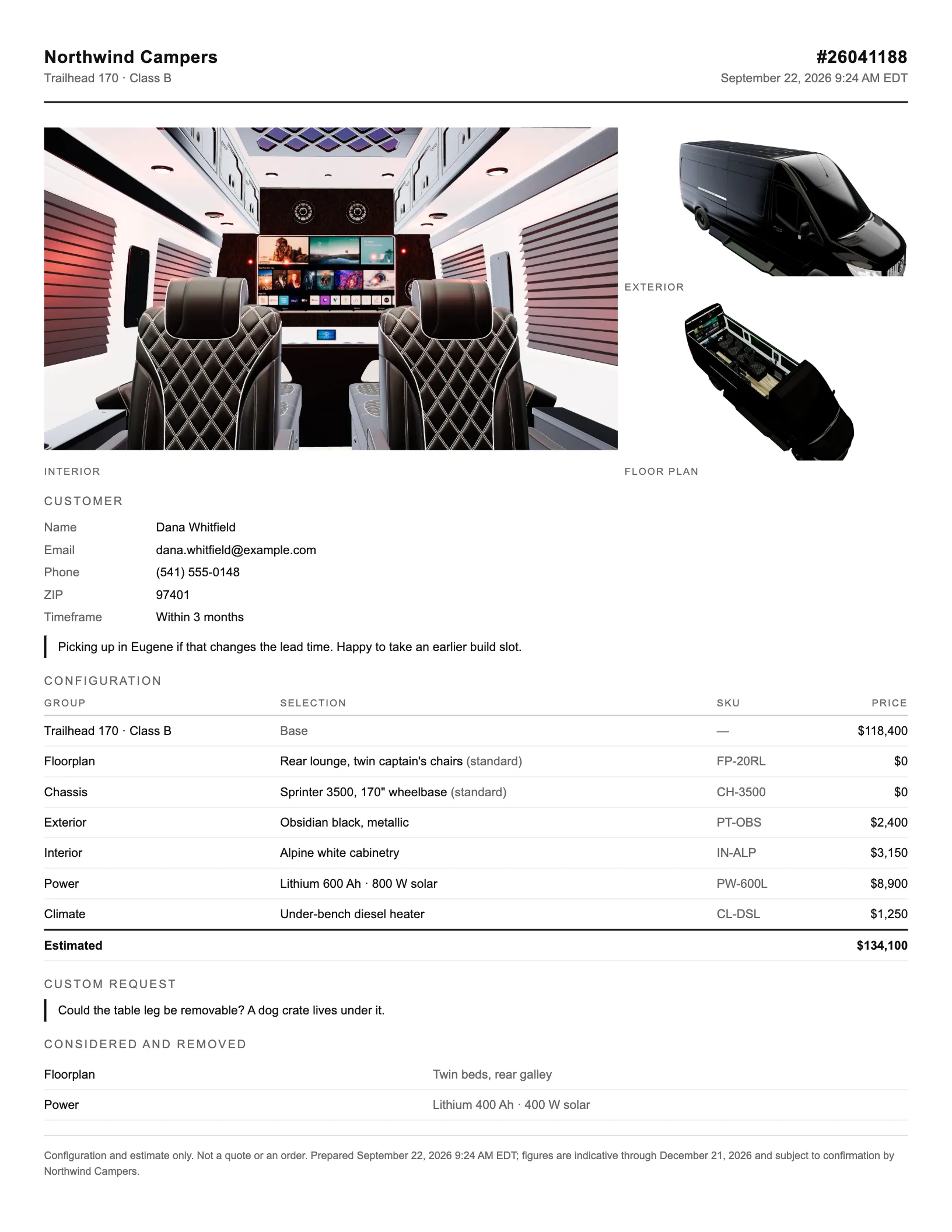 First page of a sample spec sheet: the build in the ordered colors, the options with part numbers, and the total.